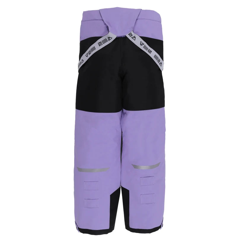 Pantalon de neige violet et noir en tissu technique avec bretelles réglables, pour enfant, vue de face, Habit de neige performance Béatrice - Nanö.