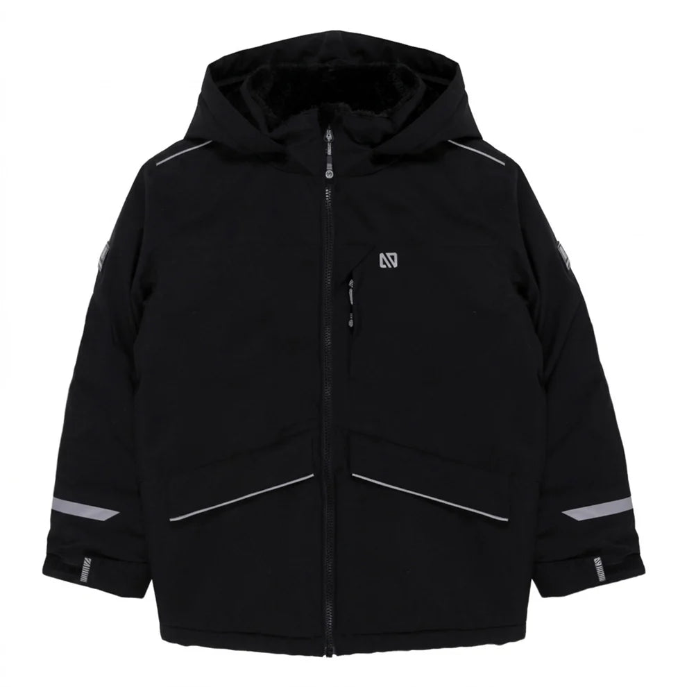 Manteau d'hiver Maxifit - Nanö noir avec capuche, zips contrastants et bandes réfléchissantes, coupe droite pour enfant, vue de face.