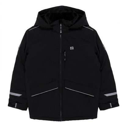 Manteau d'hiver Maxifit - Nanö noir avec capuche, zips contrastants et bandes réfléchissantes, coupe droite pour enfant, vue de face.