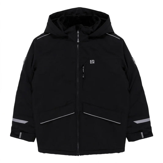 Manteau d'hiver Maxifit - Nanö noir avec capuche, zips contrastants et bandes réfléchissantes, coupe droite pour enfant, vue de face.