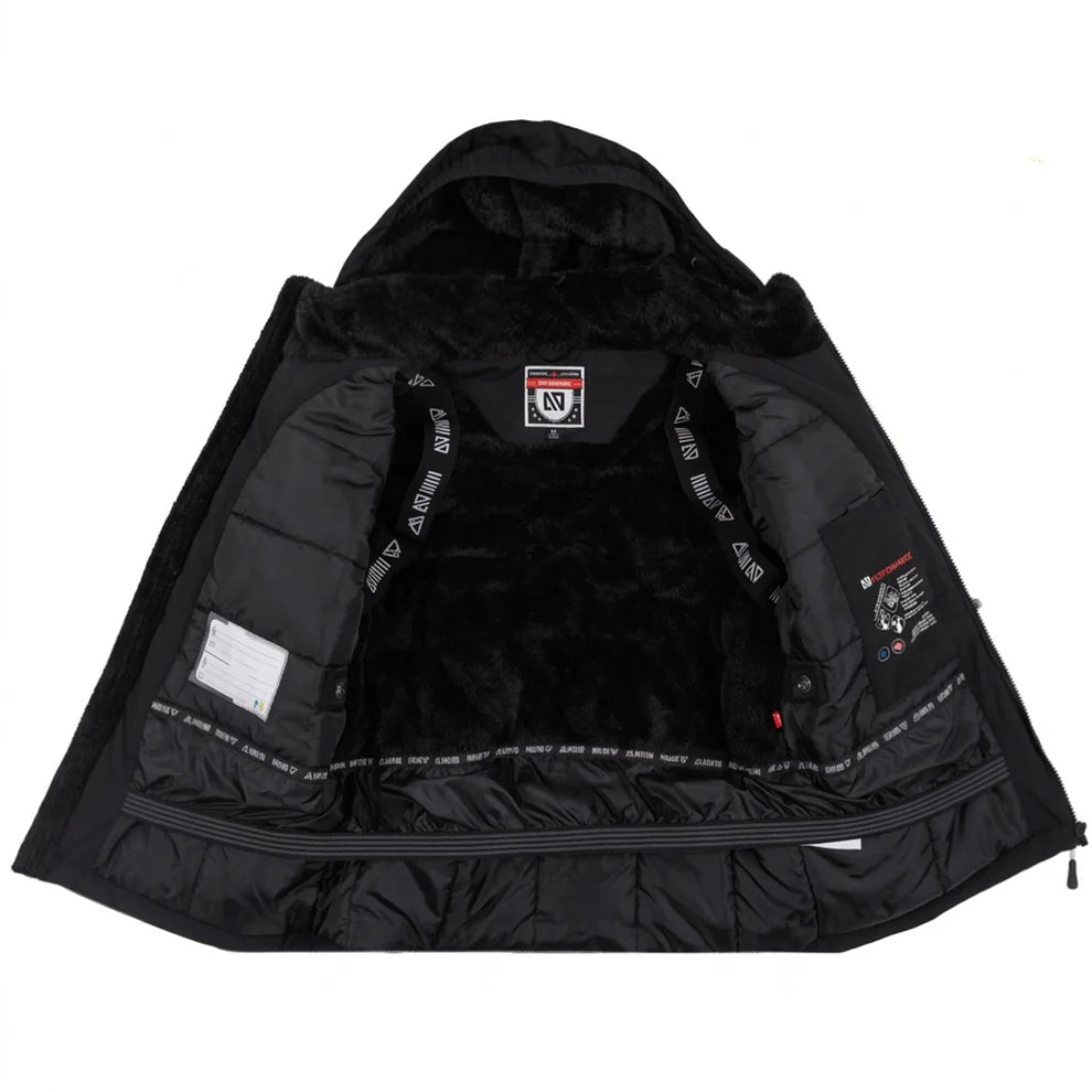 Manteau d'hiver Maxifit - Nanö noir doublé en fausse fourrure, isolation thermique pour enfant, vue intérieure ouverte avec capuche.