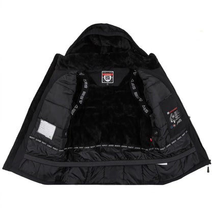 Manteau d'hiver Maxifit - Nanö noir doublé en fausse fourrure, isolation thermique pour enfant, vue intérieure ouverte avec capuche.