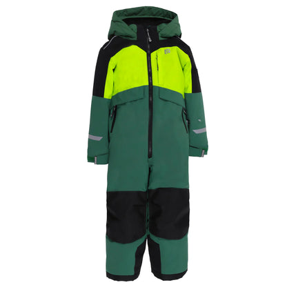 Habit de neige 1 pièce performance James - Nanö, combinaison verte, noire et jaune fluo, pour enfant, vue de face avec capuche et fermeture éclair centrale.