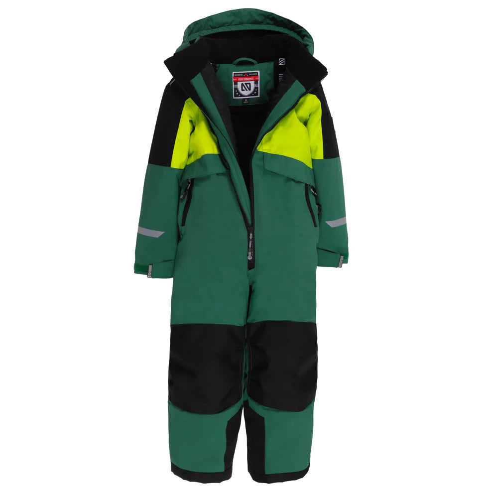Habit de neige 1 pièce performance James - Nanö en tissu vert, noir et jaune, isolant technique pour enfant, vue de face sur fond blanc.