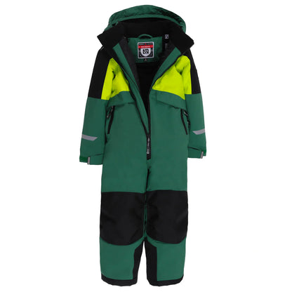 Habit de neige 1 pièce performance James - Nanö en tissu vert, noir et jaune, isolant technique pour enfant, vue de face sur fond blanc.