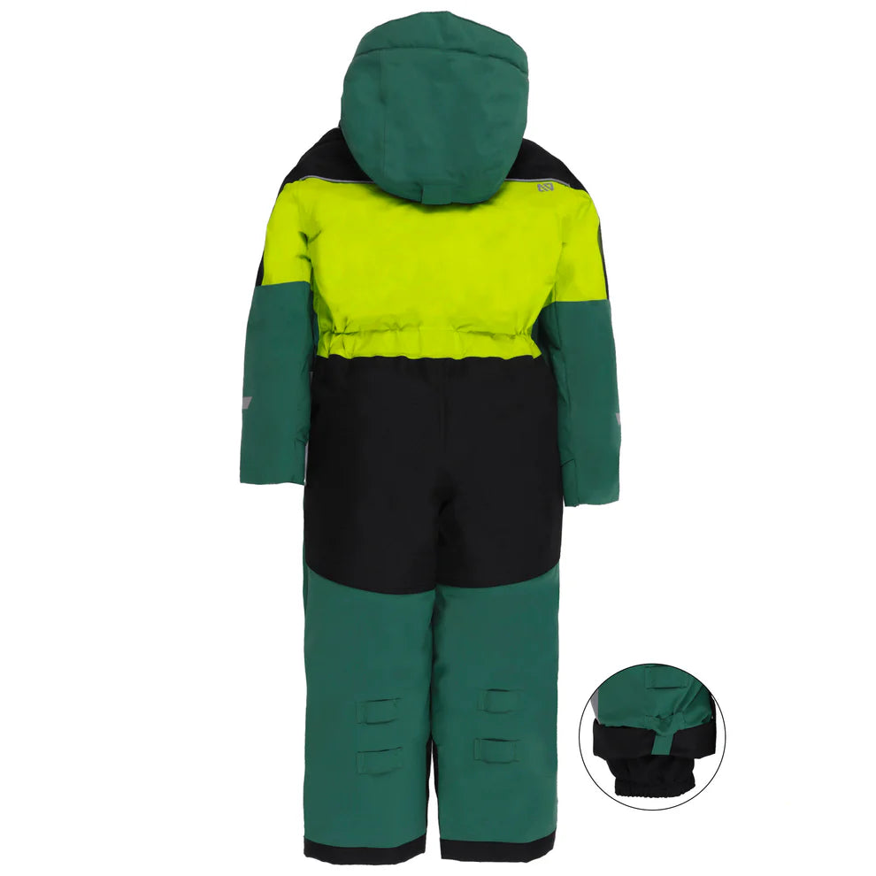 Habit de neige 1 pièce performance James - Nanö, combinaison enfant avec capuche, couleurs vert foncé, noir et jaune fluo, vue de dos.