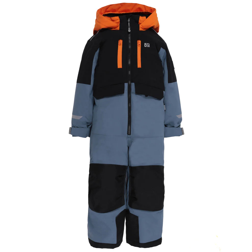 Habit de neige 1 pièce performance Nelson - Nanö bleu et noir avec capuche orange, combinaison isolante pour enfant, vue de face.