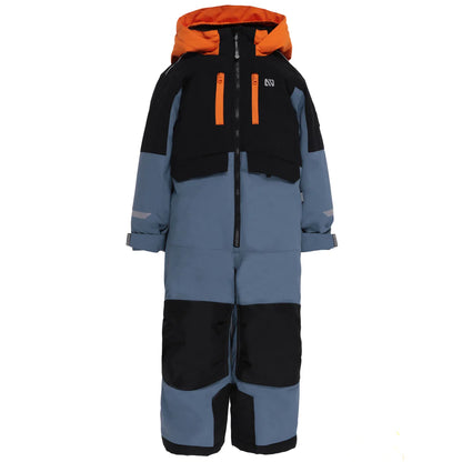 Habit de neige 1 pièce performance Nelson - Nanö bleu et noir avec capuche orange, combinaison isolante pour enfant, vue de face.