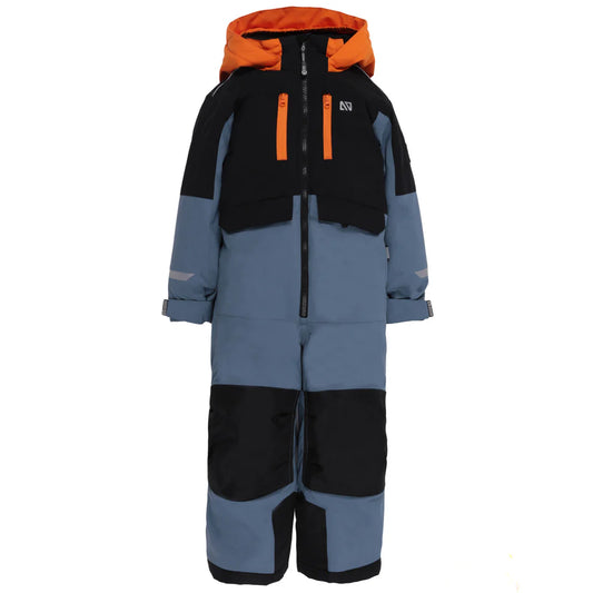 Habit de neige 1 pièce performance Nelson - Nanö bleu et noir avec capuche orange, combinaison isolante pour enfant, vue de face.