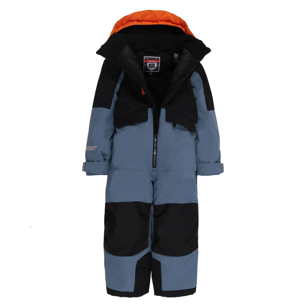 Habit de neige 1 pièce performance Nelson - Nanö bleu et noir avec capuche orange, isolant chaud, pour enfant, vue de face sur fond blanc.