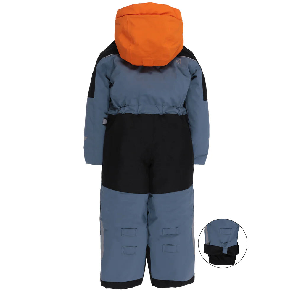 Habit de neige 1 pièce performance Nelson - Nanö pour enfant, bleu et noir avec capuche orange, style combiné, vue de dos.