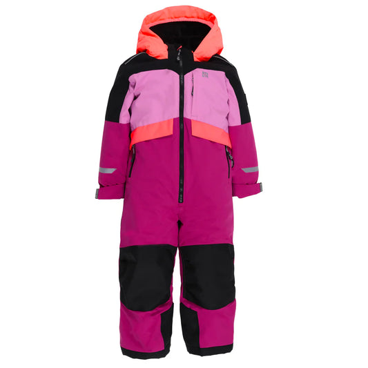 Habit de neige 1 pièce performance Rose - Nanö, combinaison isolante rose clair, rose foncé, noir et corail, pour enfant, vue de face avec capuche.