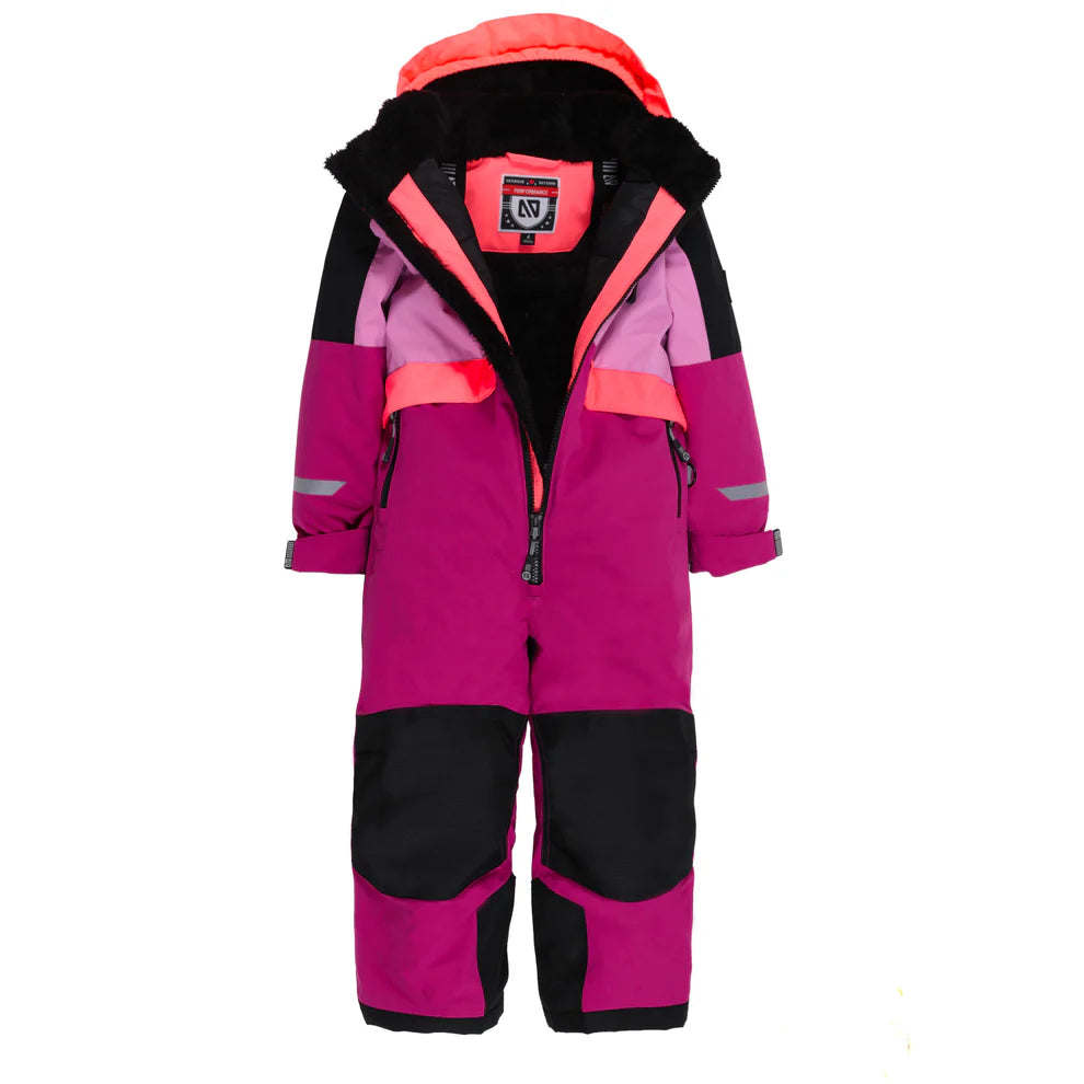 Habite de neige 1 pièce performance rose - Nanö, combinaison enfant en tissu technique rose, violet et noir avec doublure noire, vue de face.