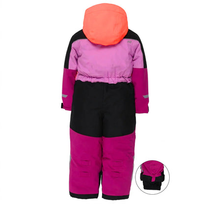 Habit de neige 1 pièce performance Rose - Nanö pour enfant, combinaison rose, violet et noir avec capuche corail, vue de dos.