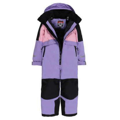Habit de neige 1 pièce performance - Nanö violet, rose et noir, en matériau isolant, pour enfant, vue de face avec capuche ouverte.