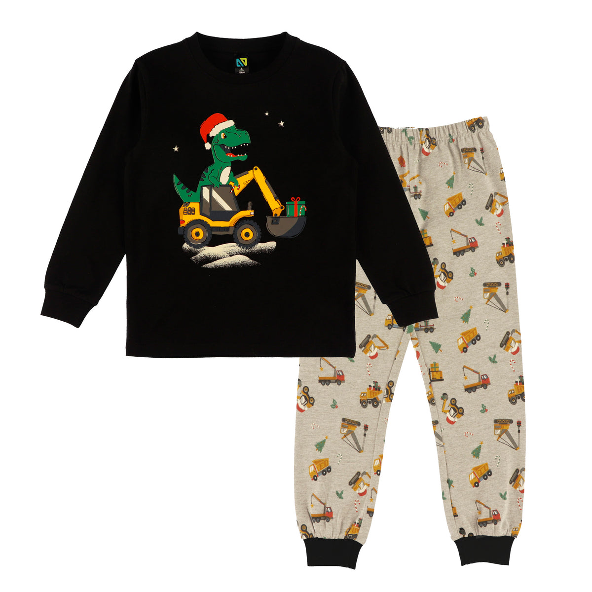 Pyjama des fêtes - Nanö noir et beige pour enfant avec dinosaure en engin de chantier et motifs de travaux vue de face