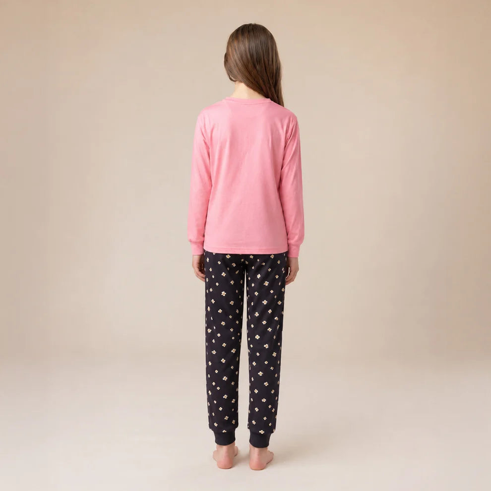 Pyjama - Nanö pour fille, haut rose à manches longues et pantalon noir à motifs fleuris, vue de dos