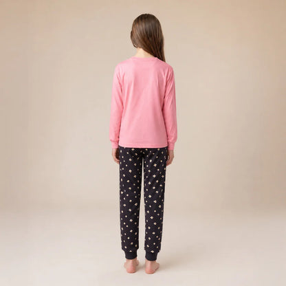 Pyjama - Nanö pour fille, haut rose à manches longues et pantalon noir à motifs fleuris, vue de dos