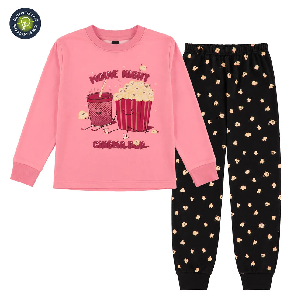 Pyjama - Nanö rose et noir pour enfant, haut à manches longues avec motif de maïs soufflé et pantalon imprimé, vue de face