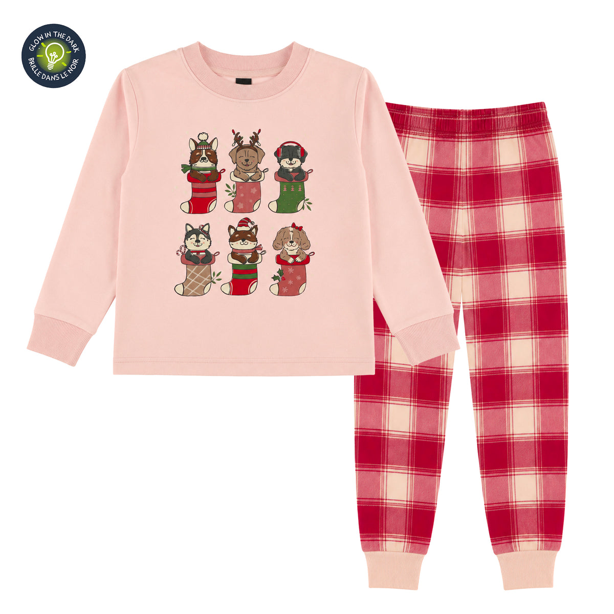 Pyjama - Nanö rose à manches longues avec motifs d'animaux festifs et pantalon rouge à carreaux pour enfant vue de face