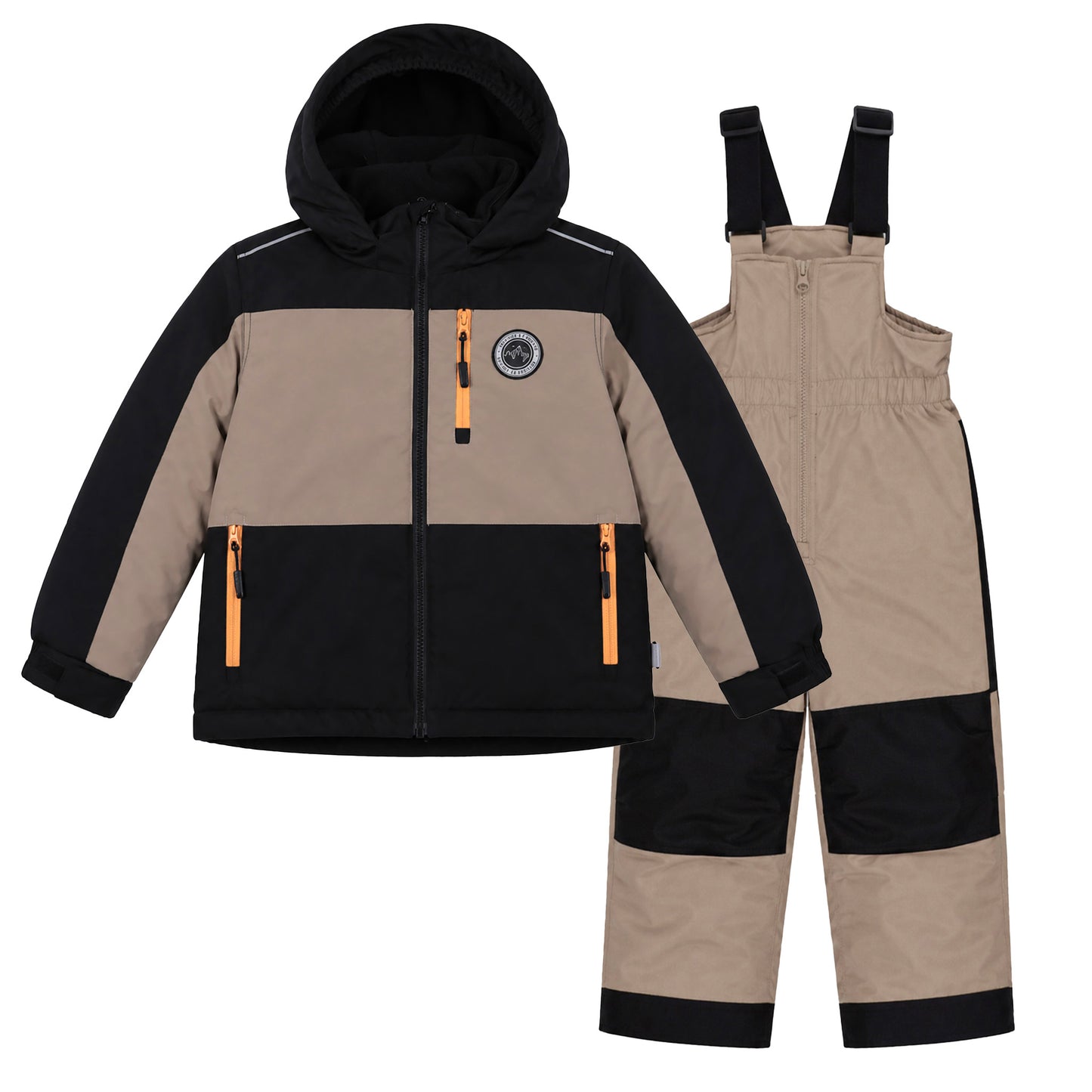 Habit de neige - Peluche & Tartine beige et noir en textile technique, veste à capuche avec poches zippées, pantalon à bretelles, pour enfant, vue de face.