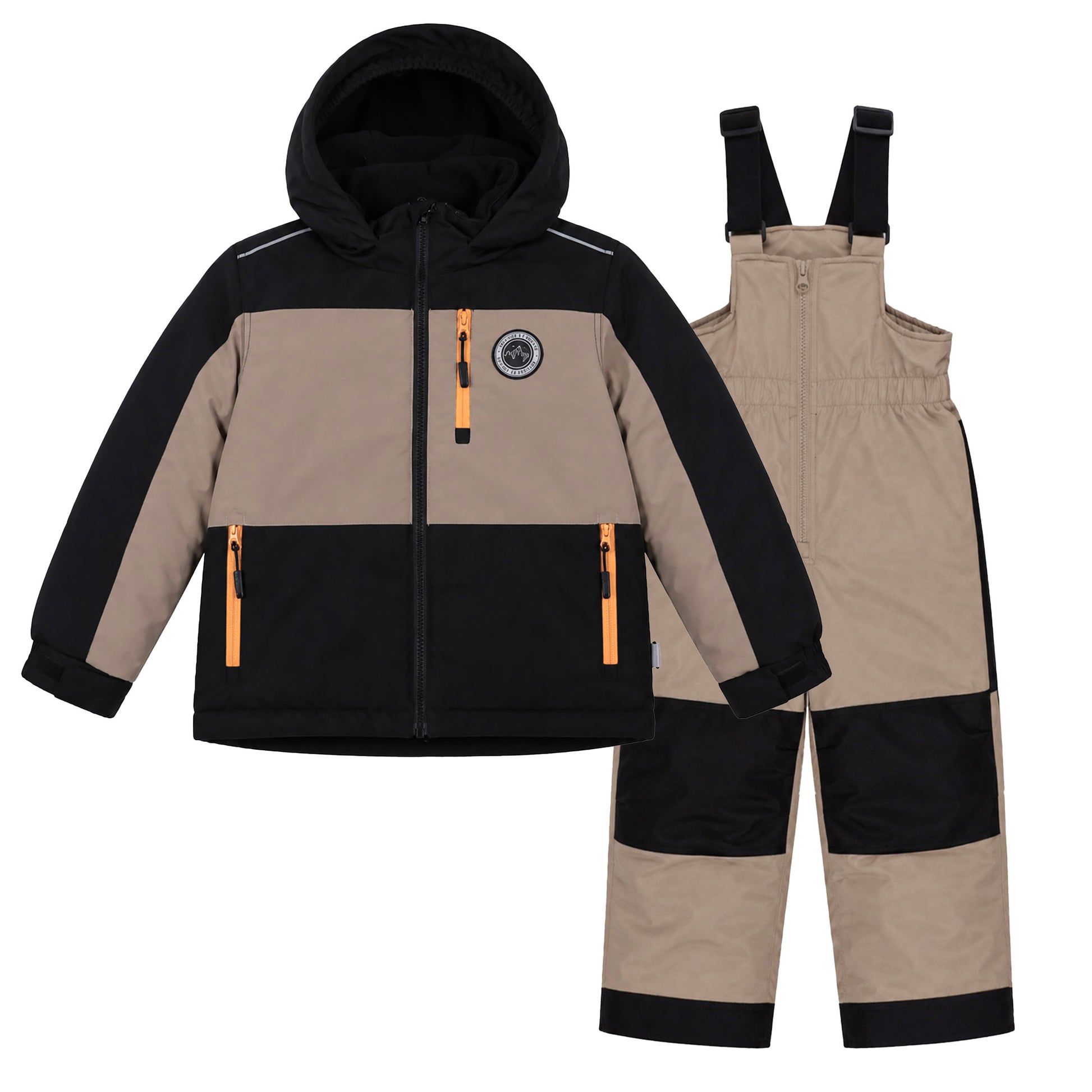 Habit de neige - Peluche & Tartine beige et noir en textile technique, veste à capuche avec poches zippées, pantalon à bretelles, pour enfant, vue de face.