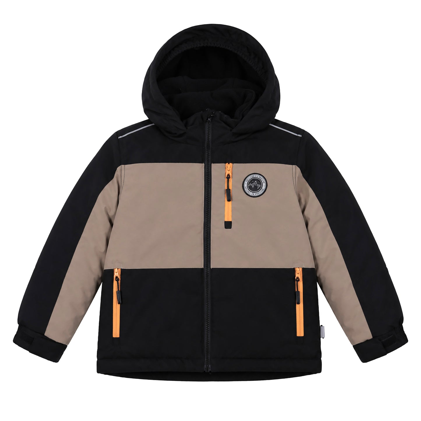Habit de neige - Peluche & Tartine, veste de neige pour enfant en tissu synthétique noir et beige avec capuche, vue de face.