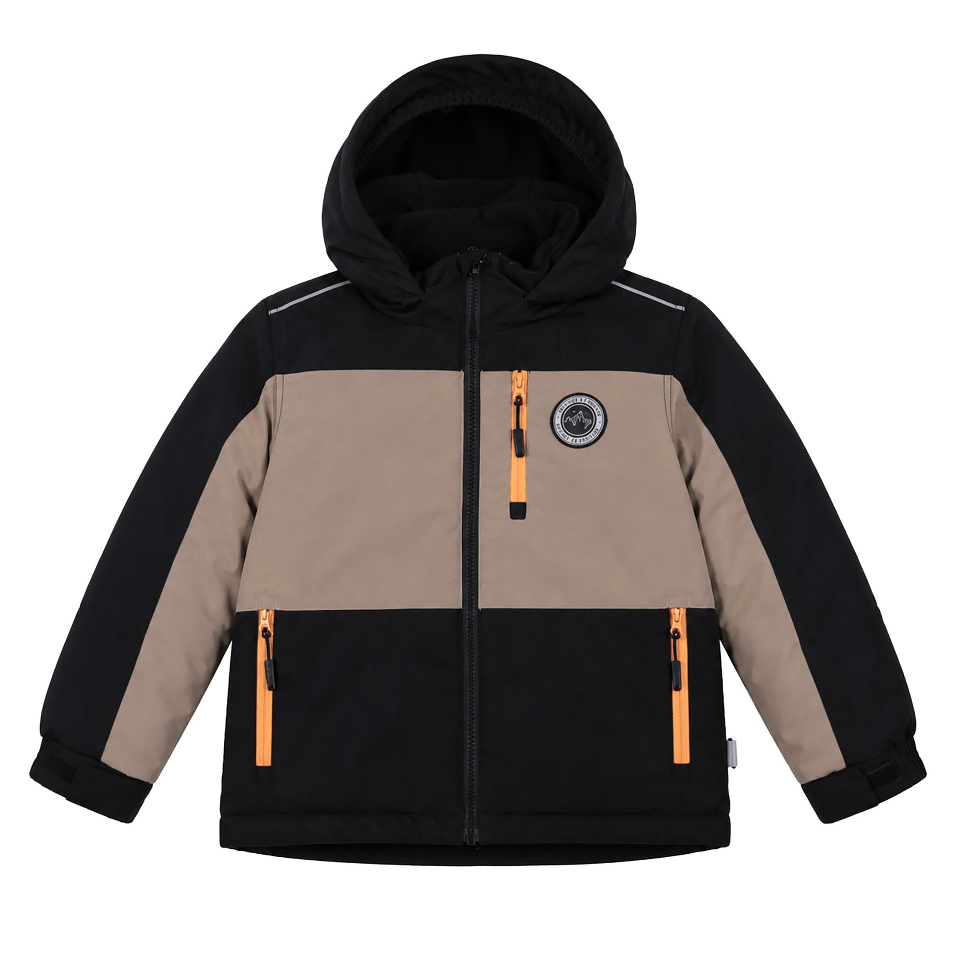 Habit de neige - Peluche & Tartine, veste de neige pour enfant en tissu synthétique noir et beige avec capuche, vue de face.