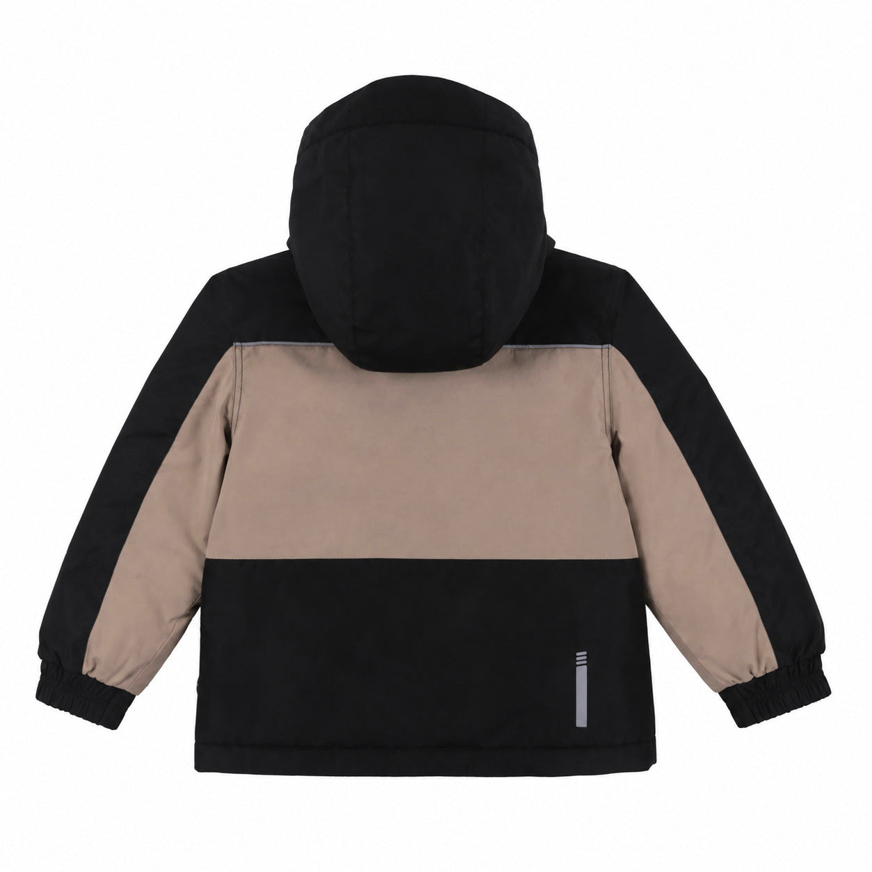 Habit de neige - Peluche & Tartine bicolore noir et beige pour enfant, vue de dos avec capuche intégrée et manches longues élastiquées.