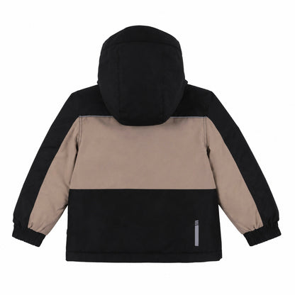 Habit de neige - Peluche & Tartine bicolore noir et beige pour enfant, vue de dos avec capuche intégrée et manches longues élastiquées.