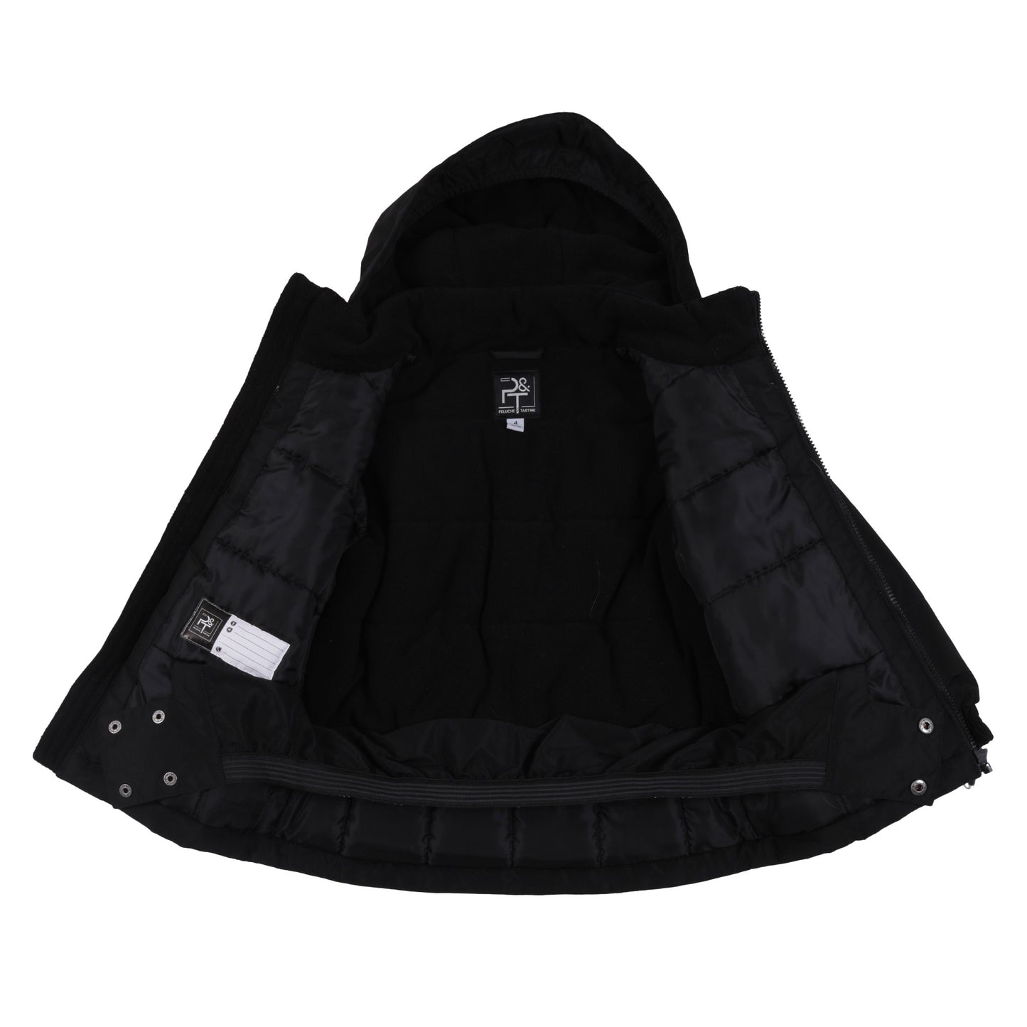 Habit de neige - Peluche & Tartine noir en tissu isolant, doublure intérieure visible, vue intérieure ouverte avec capuche, pour enfant.