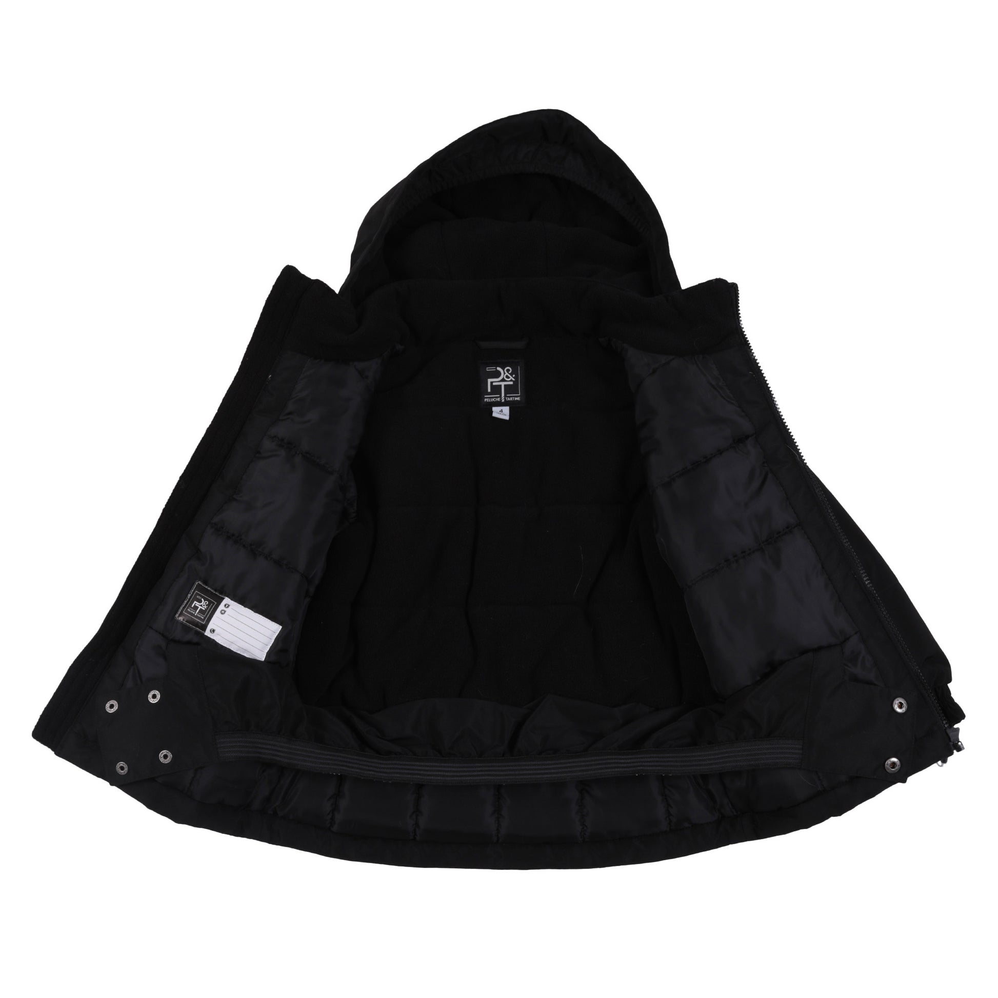 Habit de neige - Peluche & Tartine noir en tissu isolant, doublure intérieure visible, vue intérieure ouverte avec capuche, pour enfant.