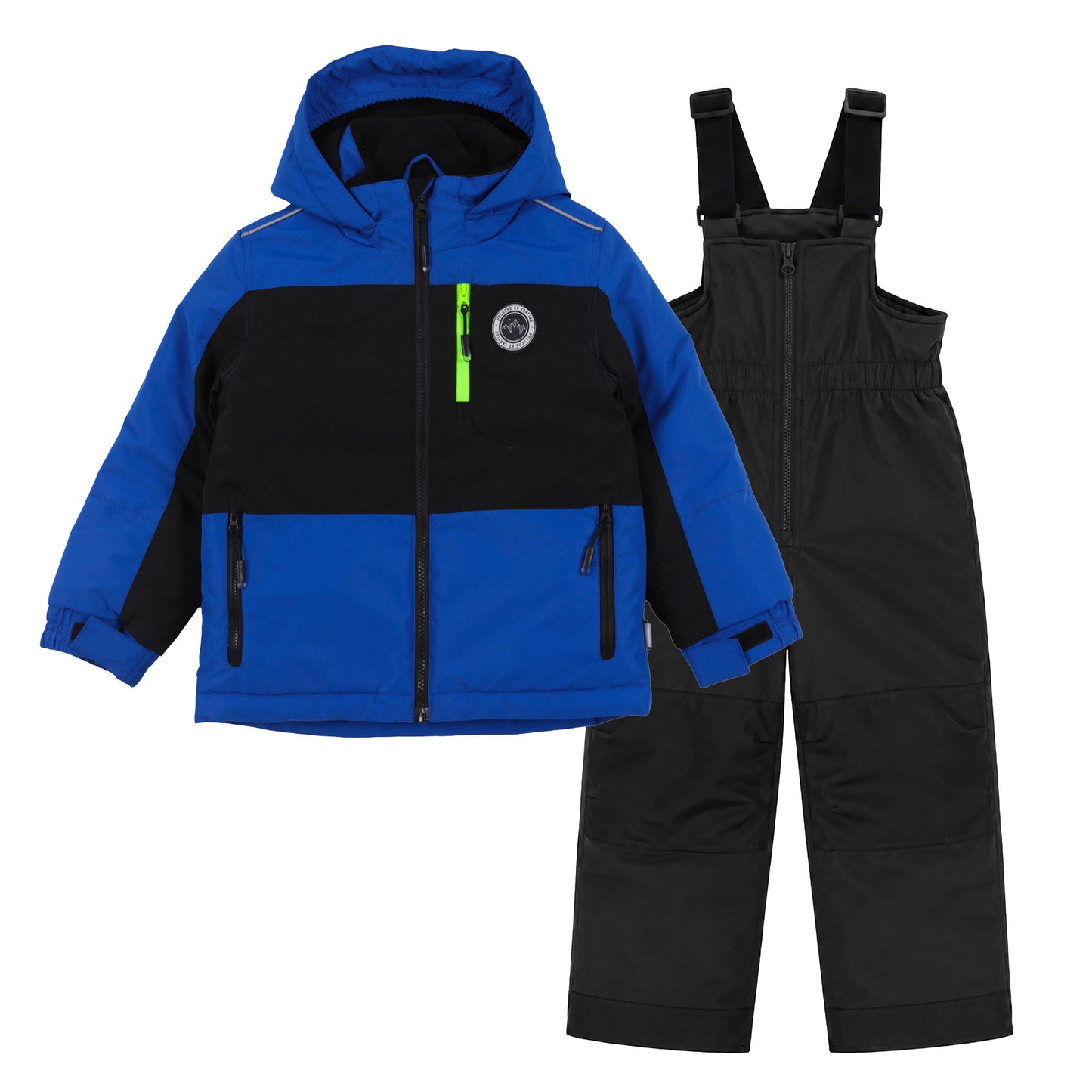 Habit de neige - Peluche & Tartine bleu roi et noir pour enfant, veste zippée avec capuche et pantalon à bretelles, vue de face, tenue d'hiver imperméable.