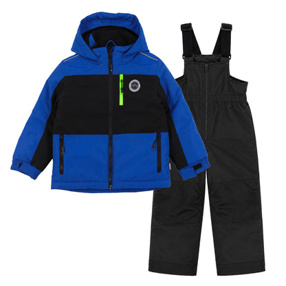 Habit de neige - Peluche & Tartine bleu roi et noir pour enfant, veste zippée avec capuche et pantalon à bretelles, vue de face, tenue d'hiver imperméable.