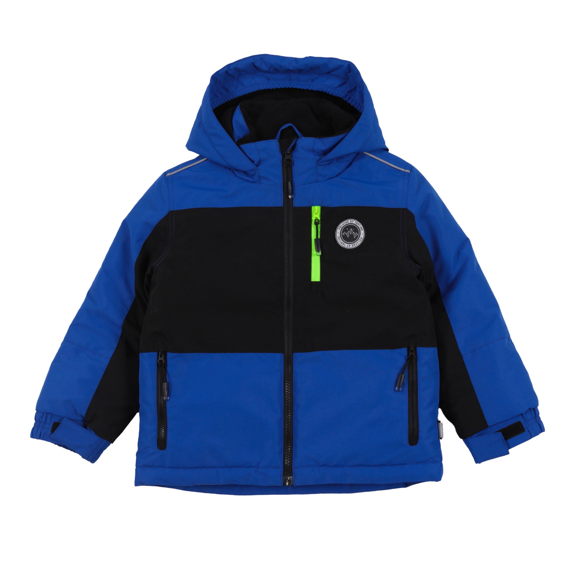 Habit de neige - Peluche & Tartine bleu et noir avec capuche, poches zippées et détail vert fluo, pour enfant, vue de face.