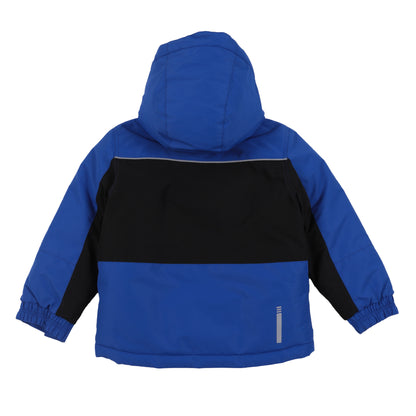 Habit de neige - Peluche & Tartine bleu et noir pour enfant, manches longues avec capuche, vue de dos, tissu imperméable.