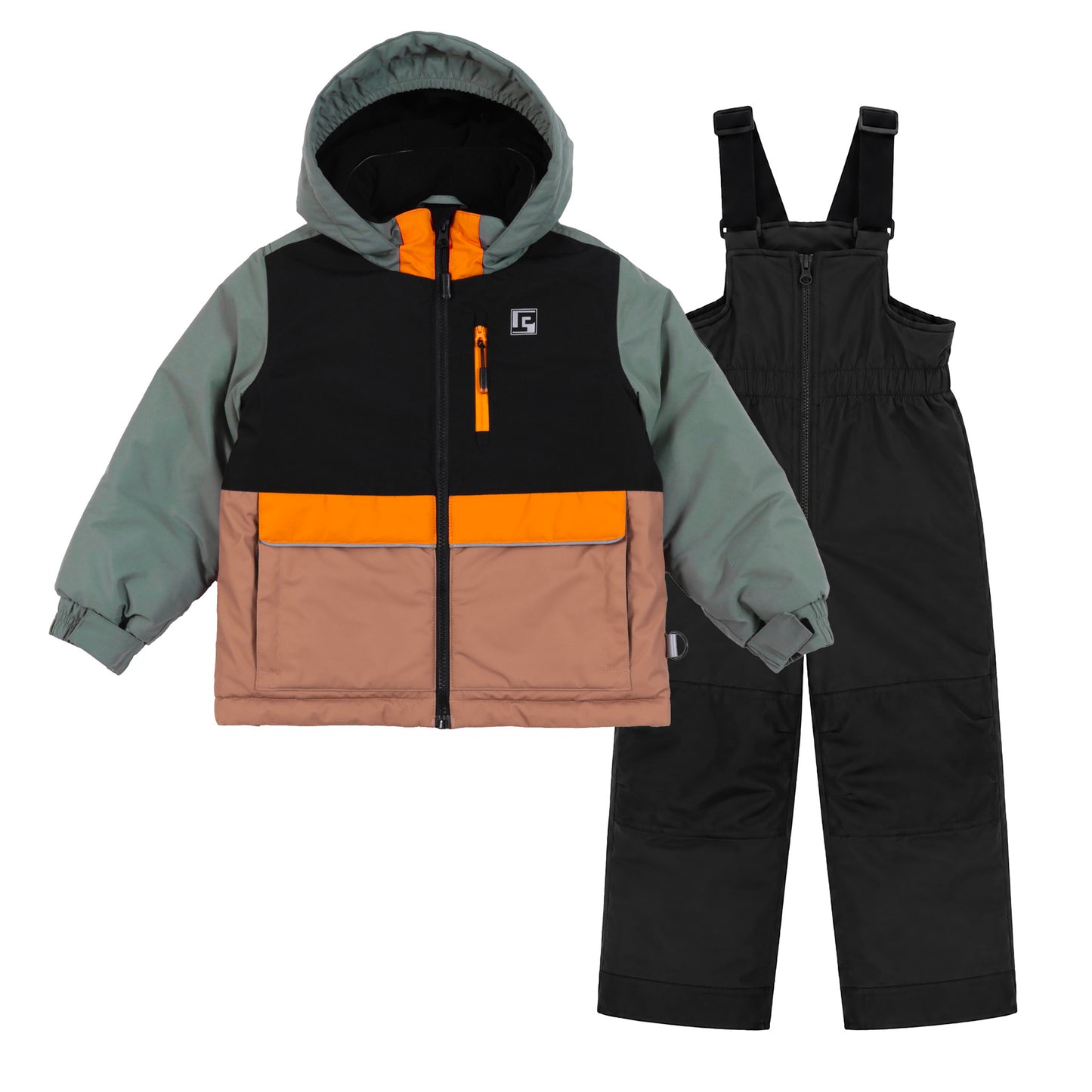 Habit de neige - Peluche & Tartine composé d’une veste multicolore (vert, noir, orange et beige) avec capuche et d’une salopette noire, pour enfant, vue de face.