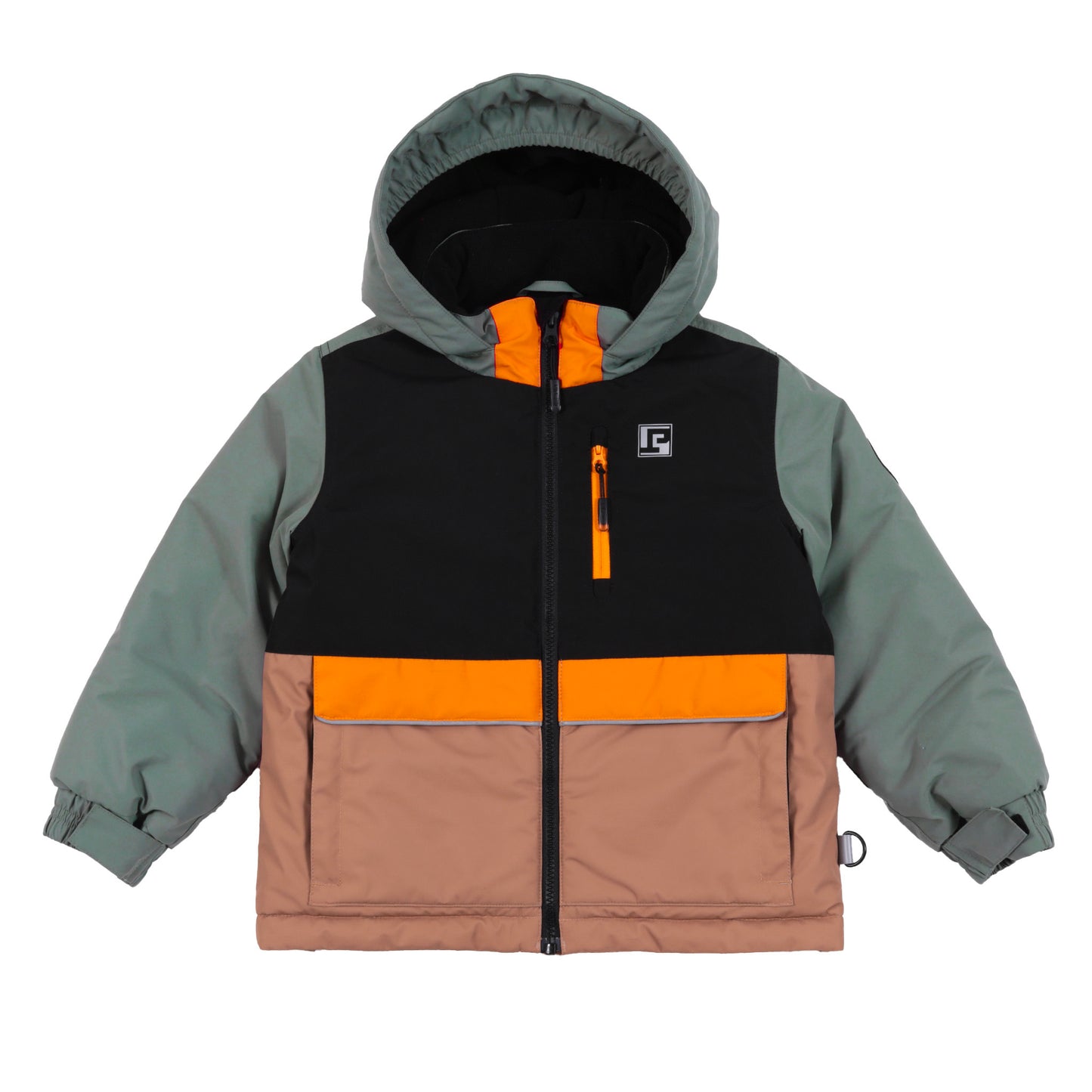 Habit de neige - Peluche & Tartine pour enfant, veste à capuche avec manches vert clair, corps noir et beige, finition orange, vue de face.
