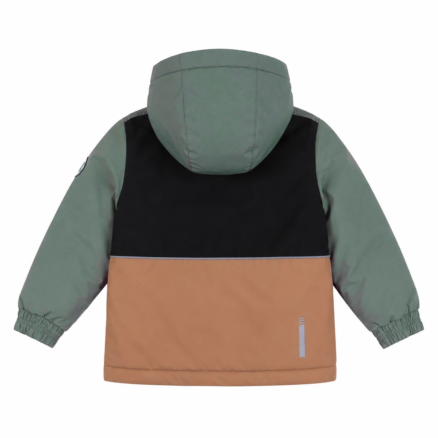 Habit de neige - Peluche & Tartine pour enfant, veste à capuche avec empiècements verts, noir et marron, vue de dos.
