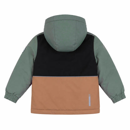 Habit de neige - Peluche & Tartine pour enfant, veste à capuche avec empiècements verts, noir et marron, vue de dos.
