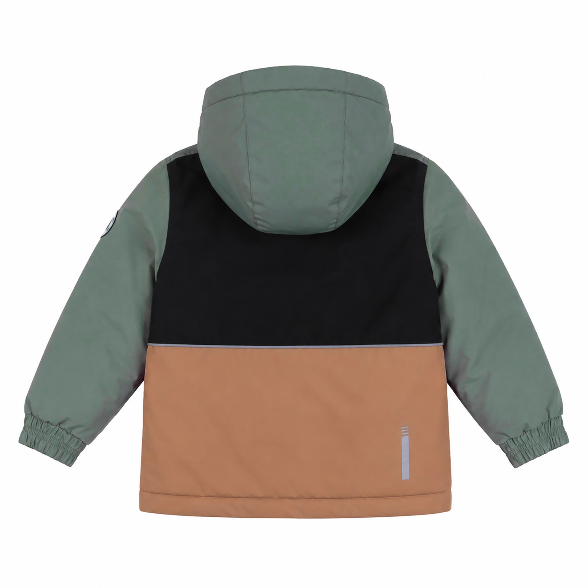 Habit de neige - Peluche & Tartine pour enfant, vue de dos, avec capuche, en tissu vert, noir et camel, manches longues avec poignets élastiques.
