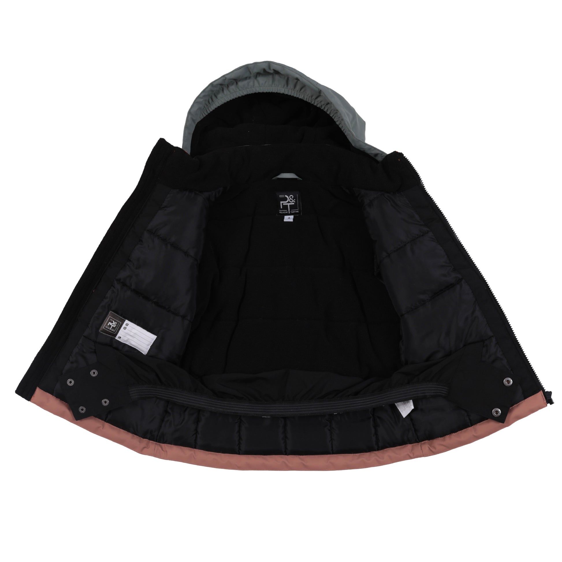 Habit de neige - Peluche & Tartine pour enfant, vue intérieure avec doublure noire matelassée et capuche gris clair, détails rose pâle.