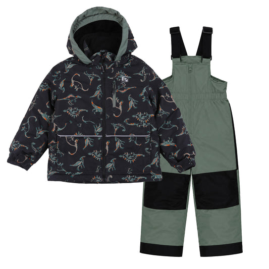 Habit de neige - Peluche & Tartine pour enfant avec veste noire à motifs dinosaures et pantalon vert à renforts noirs vue de face