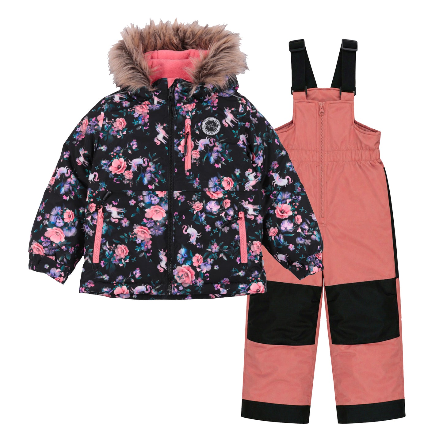 Habit de neige - Peluche & Tartine ensemble pour enfant avec veste noire à motifs floraux roses et licornes, capuche à fausse fourrure, salopette rose et noire, vue de face.