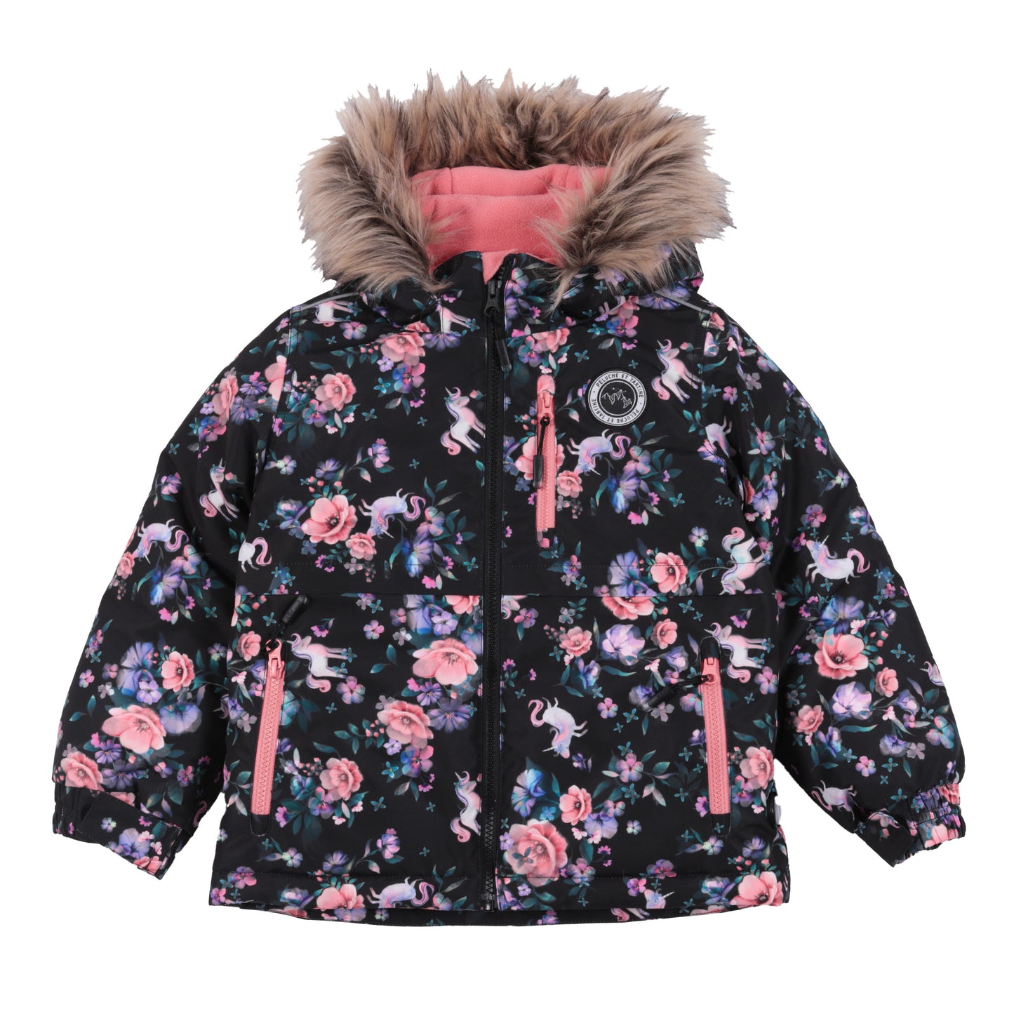 Habit de neige - Peluche & Tartine noir à motif floral rose et violet avec licornes blanches, capuche à bord en fausse fourrure, pour enfant, vue de face.