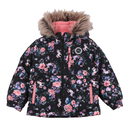 Habit de neige - Peluche & Tartine noir à motif floral rose et violet avec licornes blanches, capuche à bord en fausse fourrure, pour enfant, vue de face.
