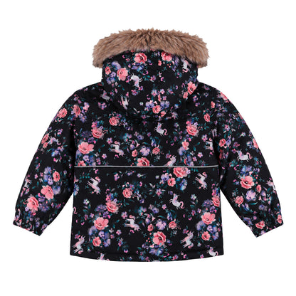 Habit de neige - Peluche & Tartine à imprimé fleurs et licornes roses et violettes sur fond noir, capuche à fausse fourrure, vue de dos pour enfant.