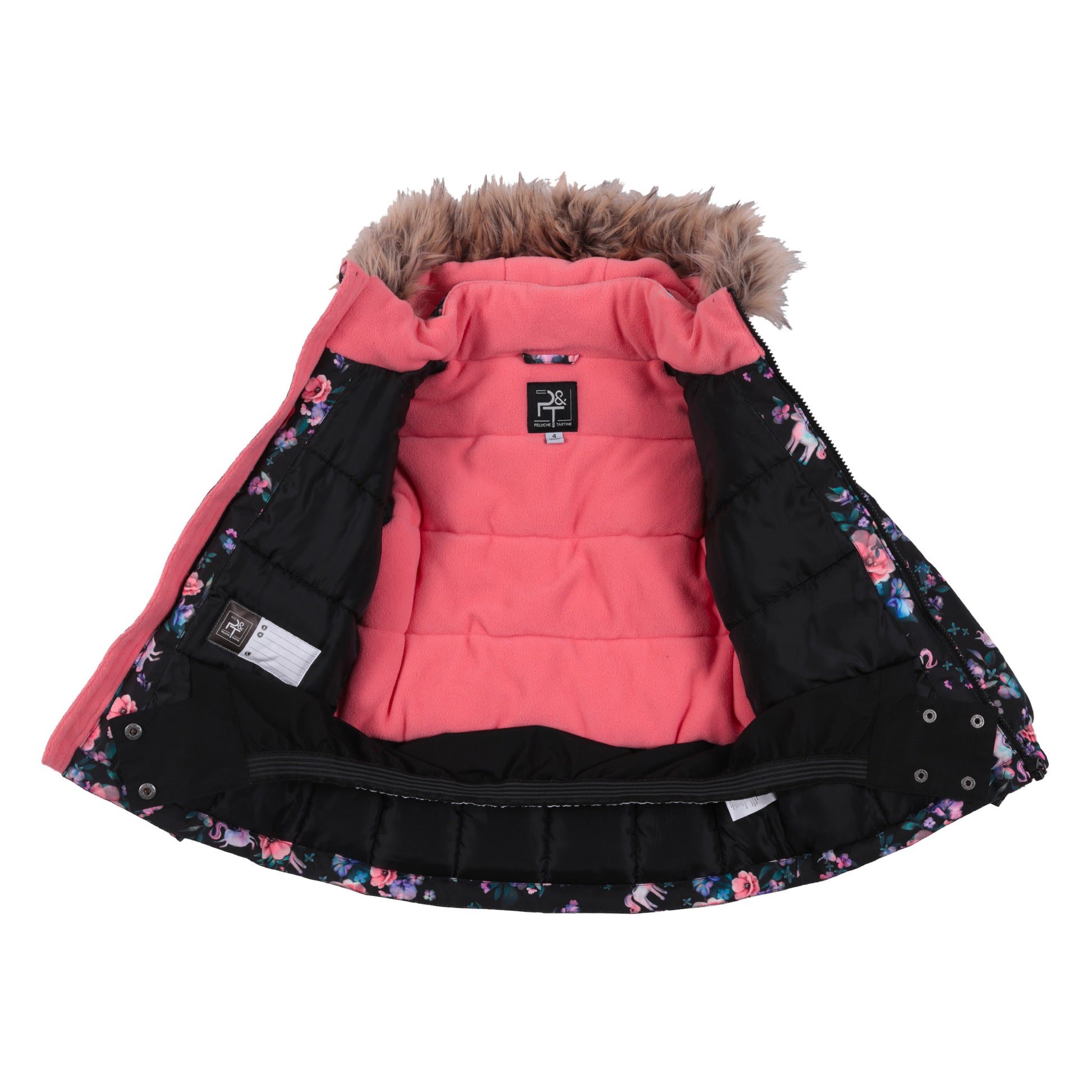 Habit de neige - Peluche & Tartine pour enfant avec intérieur rose, extérieur noir à motifs floraux colorés, vue ouverte sur doublure et capuche à fausse fourrure.