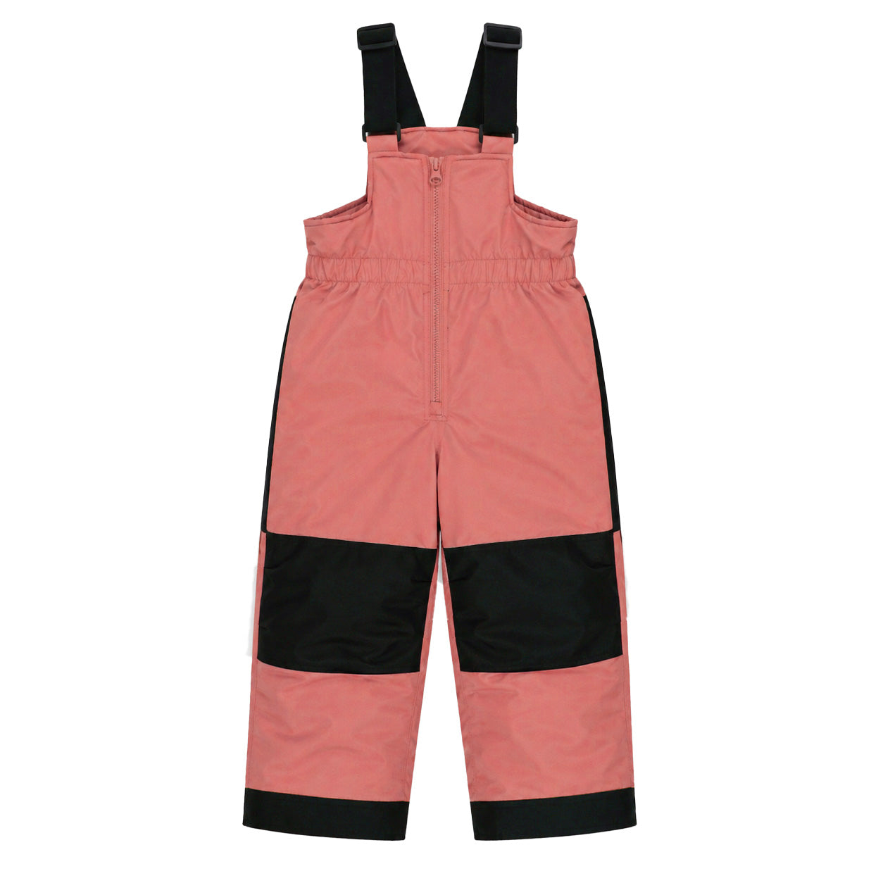 Habit de neige - Peluche & Tartine rose saumon et noir en tissu imperméable, pour enfant, vue de face avec bretelles réglables.