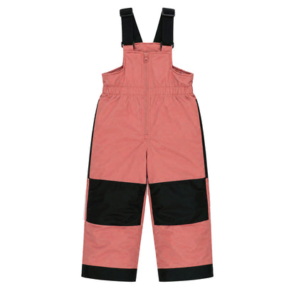 Habit de neige - Peluche & Tartine rose saumon et noir en tissu imperméable, pour enfant, vue de face avec bretelles réglables.